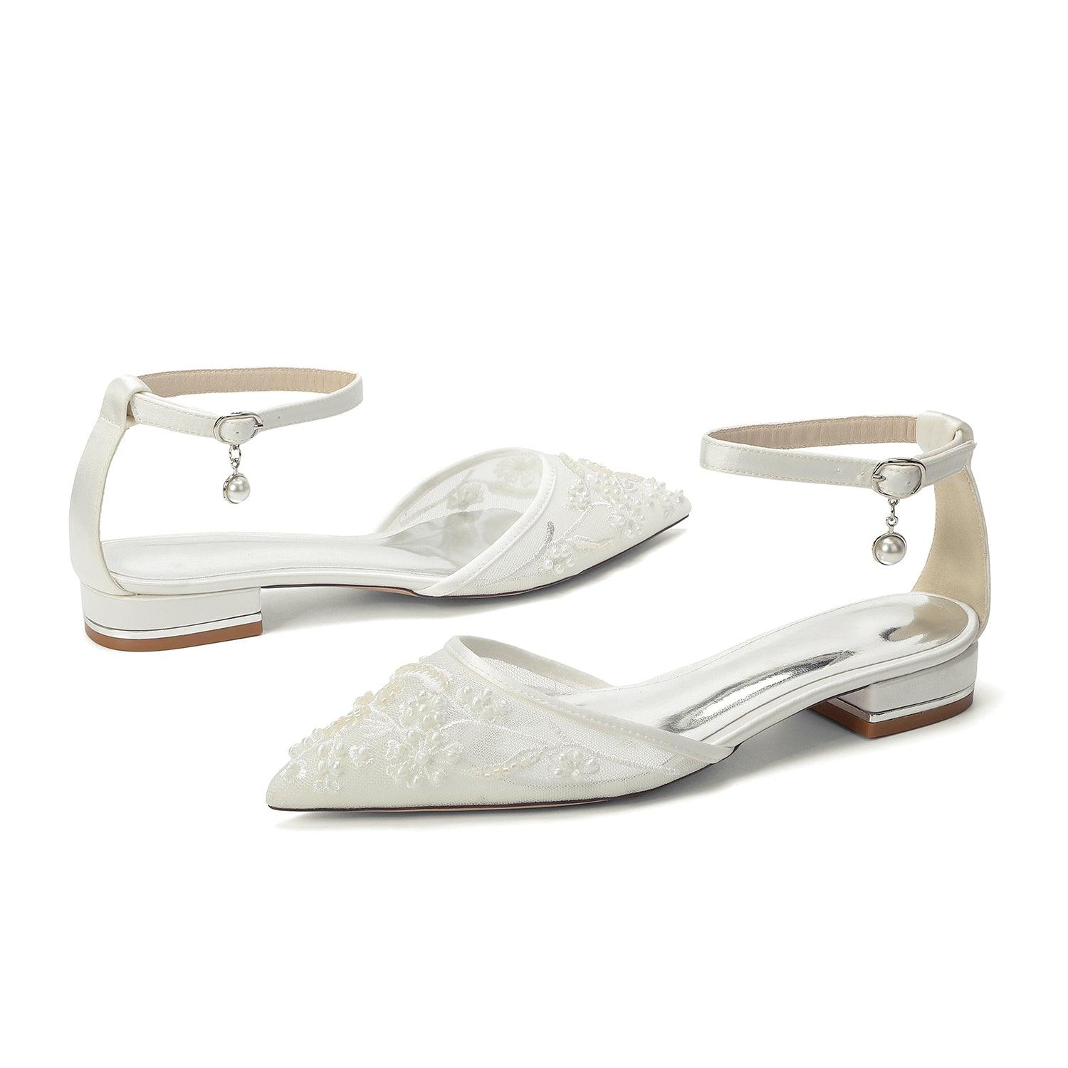 Lace Silk-Like Pearl Embroidered Mesh Flat Shoes CK0498 - 10 Days / Ivory / 35 - COCOMELODY
